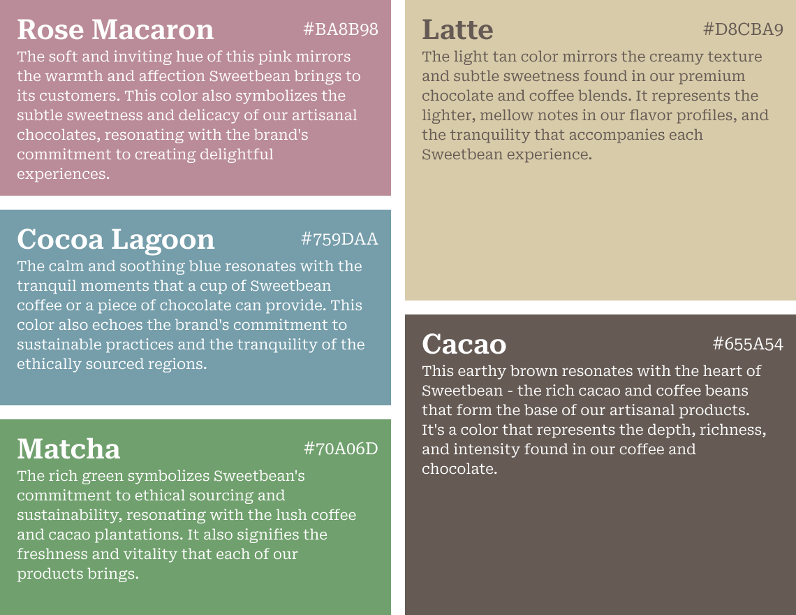 Sweetbean color palette, rose macaron, cocoa lagoon, matcha, latte, cacao